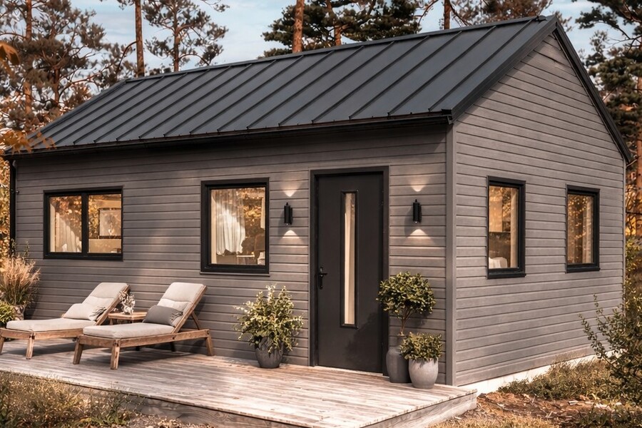 Modernt attefallshus på tomten som extra bostad eller gästhus.