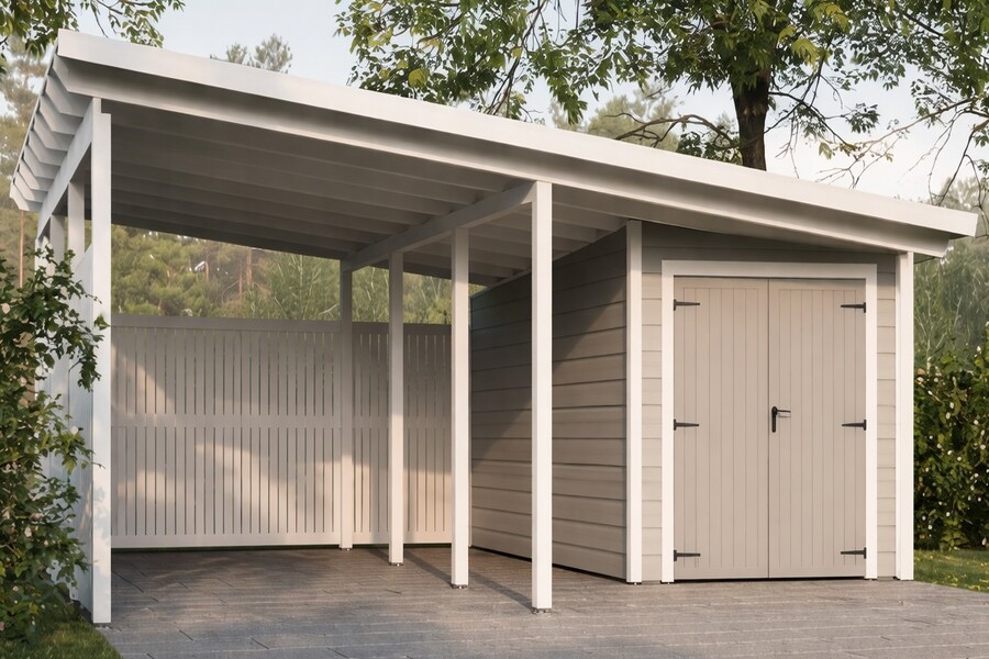 Carport med förråd på tomten för skydd av bil och extra förvaring.